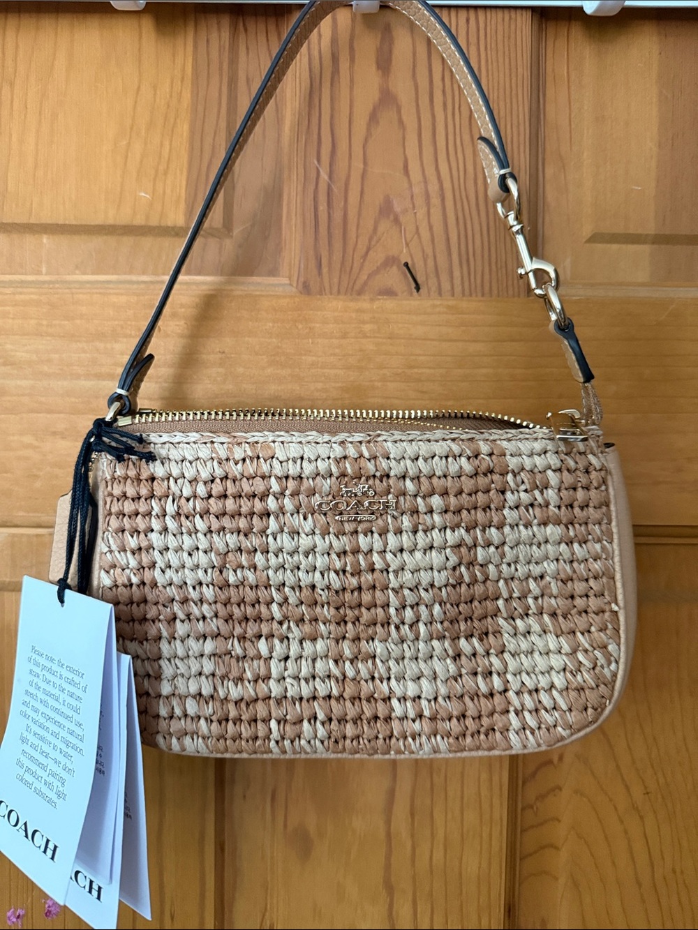 Coach Small Woven Shoulder Bag in Natural and Tan